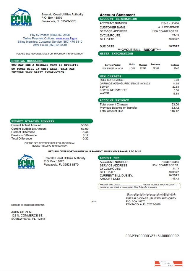 USA ECUA utility bill template in Word and PDF format